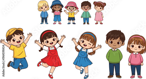 Set of cute children characters in different poses isolated on white background happy kids cartoon vector illustration collection