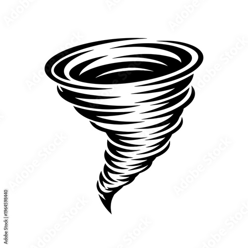 Dynamic Black and White Tornado Icon Vector Illustration: Swirling whirlwind symbolizing extreme weather, natural disasters, climate change, and natural forces. Ideal for warnings, education, emergenc