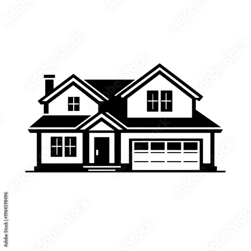 Black & white vector illustration of a classic suburban detached house, featuring a two-car garage, multiple windows, a prominent front door, and pitched roofs, ideal for real estate, architectural de