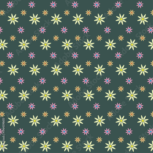 Seamless floral pattern vector. Colorful ditsy flowers on dark green background. Retro daisy blossoms for textile fabric apparel wallpaper. Feminine spring summer ornament, organic garden design.