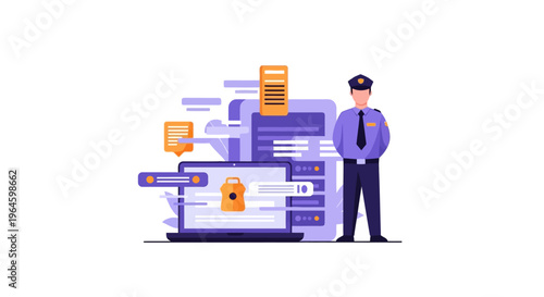 Digital Security Guard Protecting Data: Cybersecurity Concept with Laptop & Server