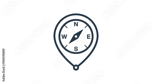 Compass in Map Pin Shape, Isolated White Background, Navigation Direction Icon