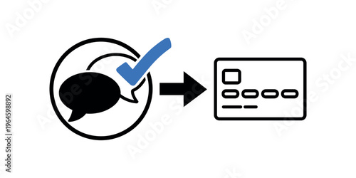 Blue checkmark speech bubble pointing to credit card black and white verification in white background