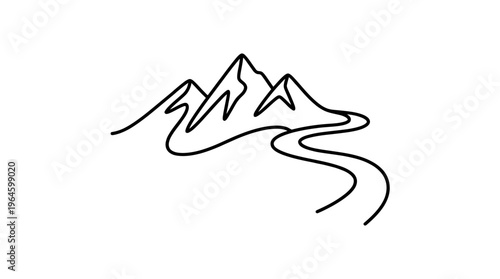 Mountain Landscape with Winding River Outline Drawing Representing Nature and Serenity on Isolated White Background.