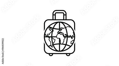 Travel Luggage Suitcase with Globe Pattern Outline Drawing Representing Global Journey and Exploration on Isolated White Background.