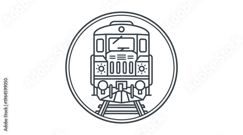 Train on Railway Tracks Inside a Circle Frame Outline Drawing Representing Public Transportation on Isolated White Background.