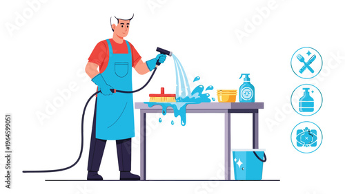 Man with Hose Cleaning the Table: a male figure, meticulously wielding a hose to clean a table. Soap and a cleaning solution are in front of him.