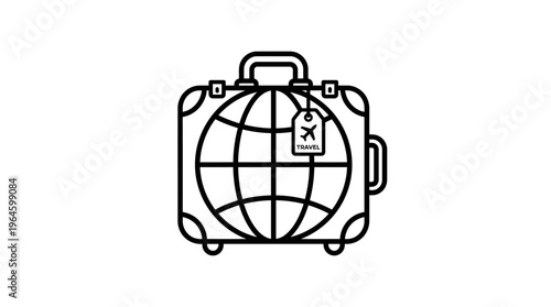 Travel Luggage Suitcase with Globe Pattern and Travel Tag Outline Drawing Representing Global Tourism on Isolated White Background.