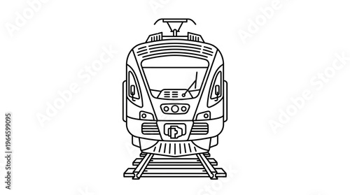 Modern Train Front View Outline Drawing Representing Transportation and Travel on Isolated White Background.