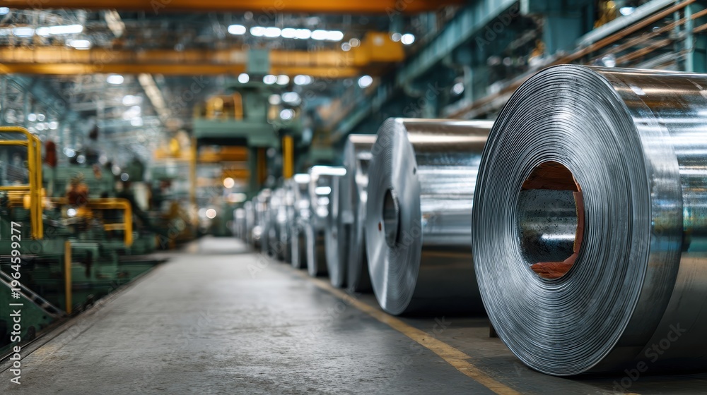 Fototapeta premium Large rolls of sheet metal in rows in a modern industrial factory for manufacturing