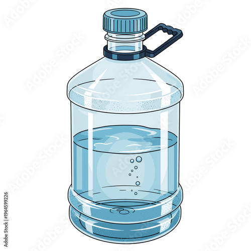 A clear plastic water jug with a blue handle and cap, filled with water and small bubbles.