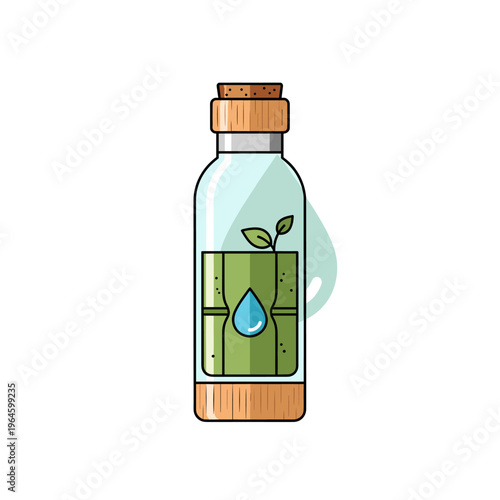 A clear glass bottle with a cork stopper, containing a green liquid with a label depicting a water droplet and plant sprout.