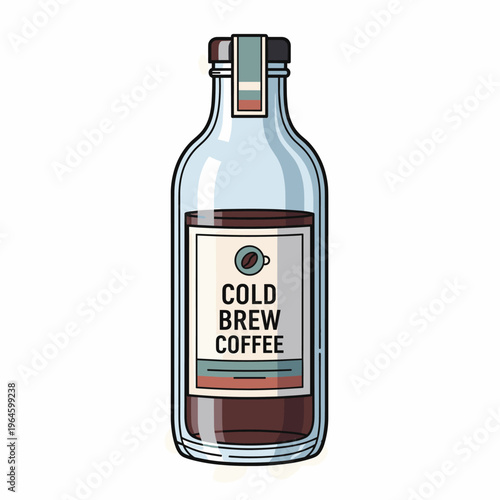 A clear glass bottle filled with dark cold brew coffee, featuring a label that reads "COLD BREW COFFEE" and a small coffee cup icon.