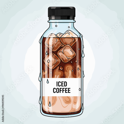 A refreshing bottle of iced coffee with ice cubes and condensation, perfect for a hot day.