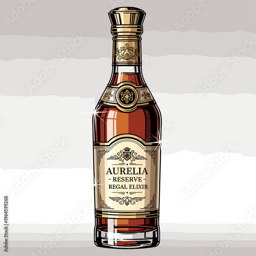 A bottle of Aurelia Reserve Regal Elixir, a premium alcoholic beverage with a rich amber color, presented in an elegant glass bottle with ornate labeling and a golden cap.