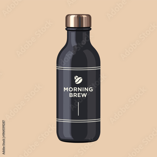 A sleek, dark bottle labeled "Morning Brew" with a copper lid, presented against a plain, warm beige background.
