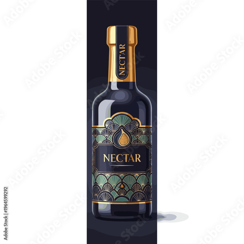 A dark blue bottle of "NECTAR" with an elegant gold and green art deco label and a gold foil top, presented against a dark background.
