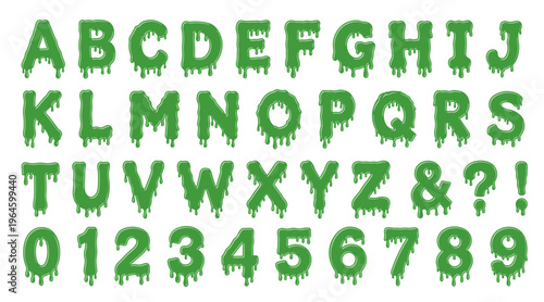 Green slime font with dripping liquid letters and numbers for halloween party or toxic chemical concept design