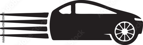 Speeding car silhouette, racing vehicle icon, motion graphics element, black and white speedster