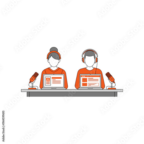 Two podcasters broadcasting live online with laptops and microphones in a studio.