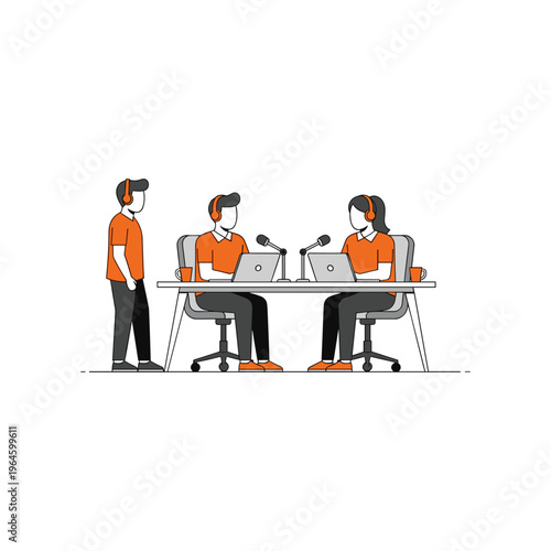 Three podcast hosts in orange shirts having a discussion at desk with microphones laptops.