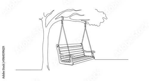 Tree swing hanging from branch line art on minimal background
