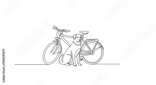 Dog sitting by bicycle line art on minimal background
