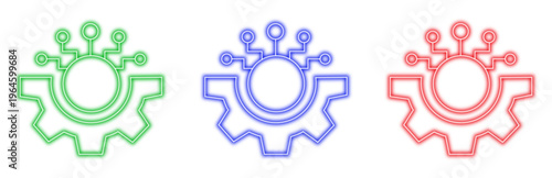 Set of three colorful neon gear icons with a digital circuit pattern, representing technology, innovation, and industry, ideal for modern concepts.