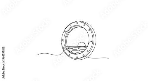 Sunlight through spacecraft porthole in minimalist line drawing on white background