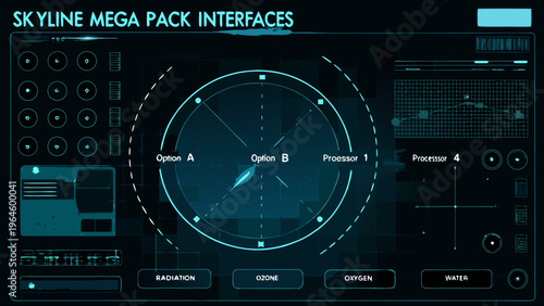 Futuristic interface with circular displays buttons and technical readouts