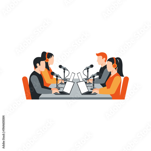 Four people podcasting together in a studio setting with microphones and laptops.