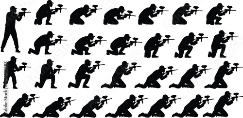 Paintball player silhouettes set in various tactical poses including standing, kneeling, and crawling with markers, isolated on a white background.