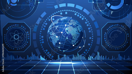 A digital globe surrounded by futuristic technology and network connections