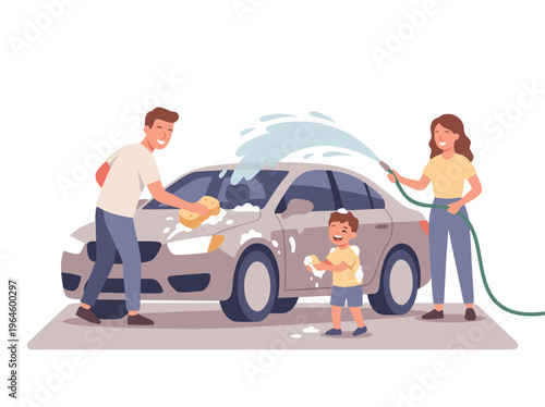 Family Washing a Car Together on a Sunny Day.