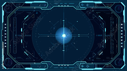 Futuristic heads up display with a central targeting reticle and digital elements