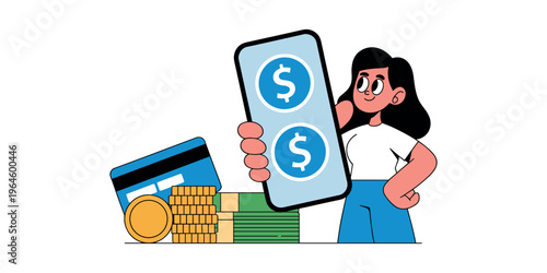 Cartoon woman holding smartphone with dollar signs credit card coins cash