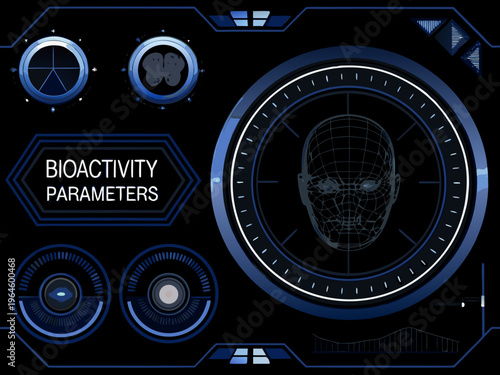 Futuristic interface displaying a human face scan and bioactivity parameters