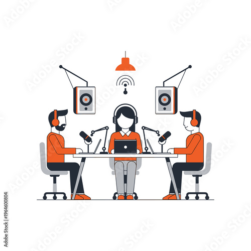 Three broadcasters in professional audio studio with overhead speakers and microphones set.