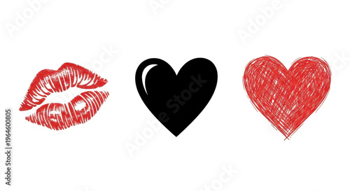 Red kiss lips icon with a black heart and a red sketch heart shape isolated png