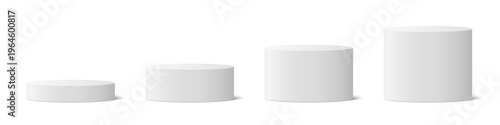 Circle podium set, blank pedestal and platform, mockup stand stage, cylinder, column platform for display product, round white circle empty stages and podium stairs 3d template isolated