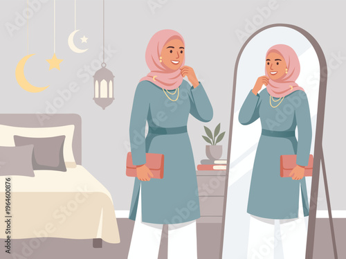 A Muslim Woman Admires Her Reflection in the Mirror.