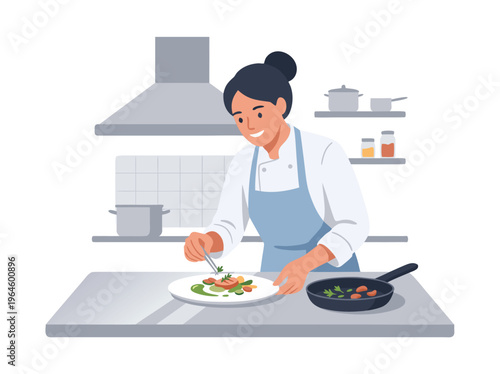 A female chef meticulously plating a gourmet dish in a professional kitchen setting.
