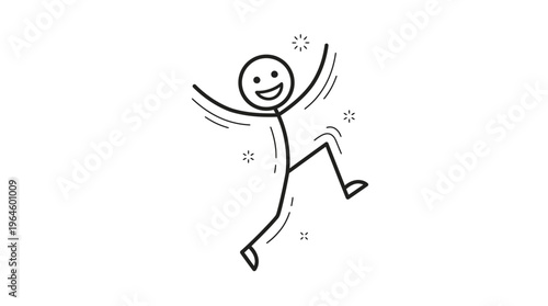 Happy stick figure person jumping excitedly with sparkling stars on an isolated white background, celebrating joyfully.