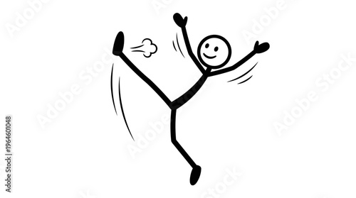 Happy stick figure person doing a high leg kick while dancing energetically on an isolated white background.