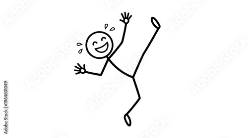 Playful stick figure man kicking leg up and laughing joyfully, in a humorous pose on an isolated white background.