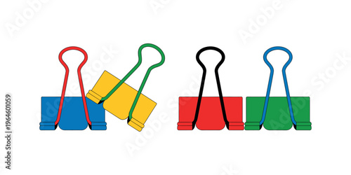 Colorful binder clips holding papers office supplies paper clips in white background