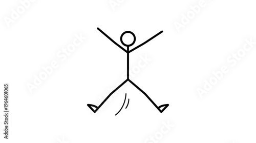 Energetic stick figure man performing a jumping jack exercise, with a happy expression on an isolated white background.