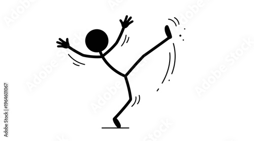 A black stick figure cartoon character is depicted in a dynamic pose, appearing to lose balance or fall, with arms raised and one leg kicked up, against a plain white background.