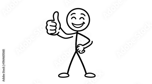Happy stick figure person giving a cheerful thumbs up gesture on an isolated white background, indicating approval and success.