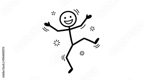 Ecstatic stick figure person jumping with arms and legs spread, celebrating success with sparkles on an isolated white background.
